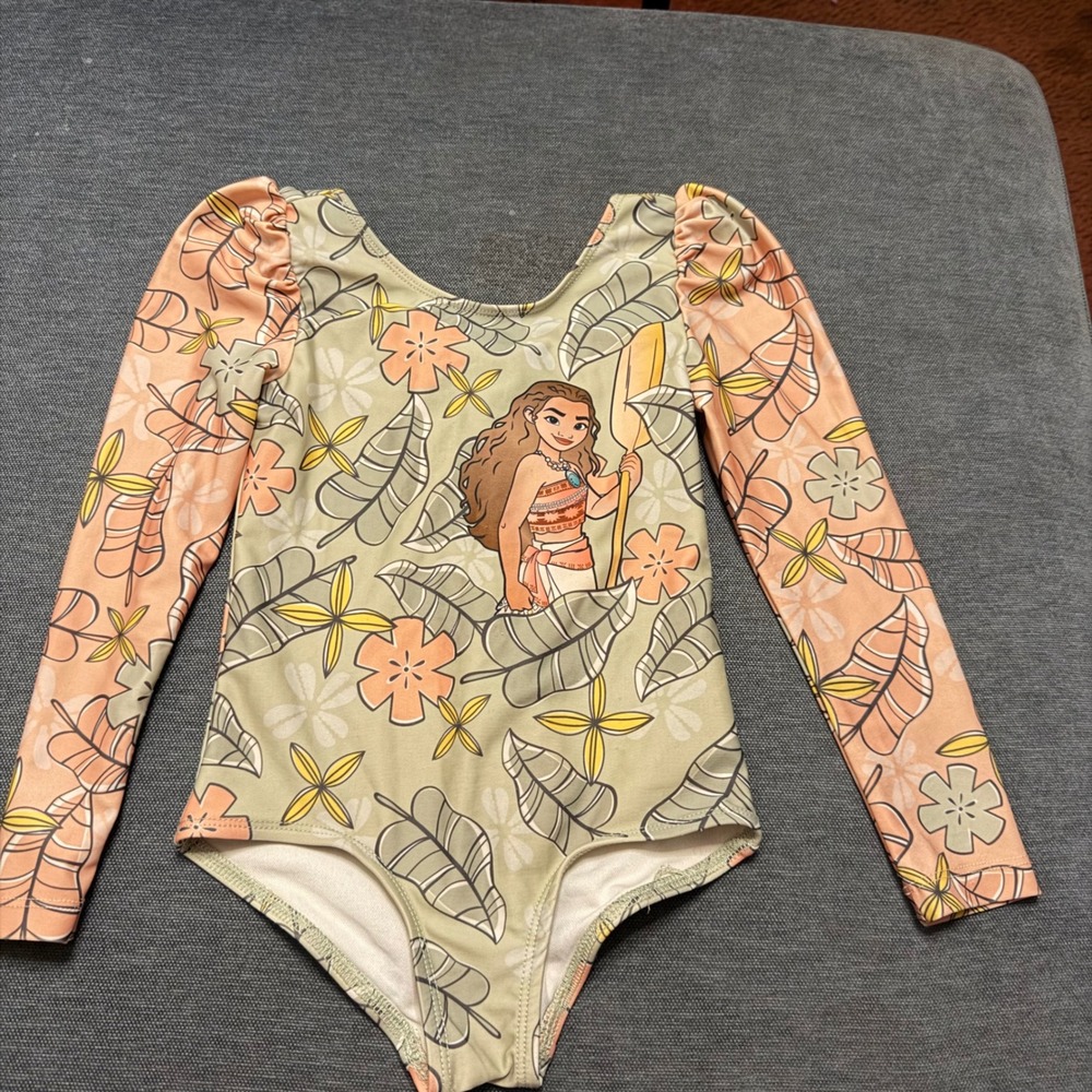 Disney‎ Moana Kids Long Sleeve Leotard Tropical Floral Sage Peach XS 4-5